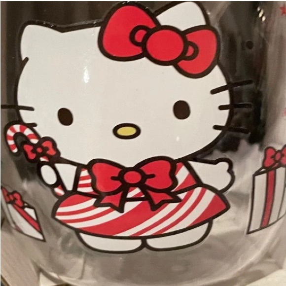 Hello Kitty Glass Mug Christmas Holiday Striped Dress Wood Lid Topper Spoon - Picture 3 of 5